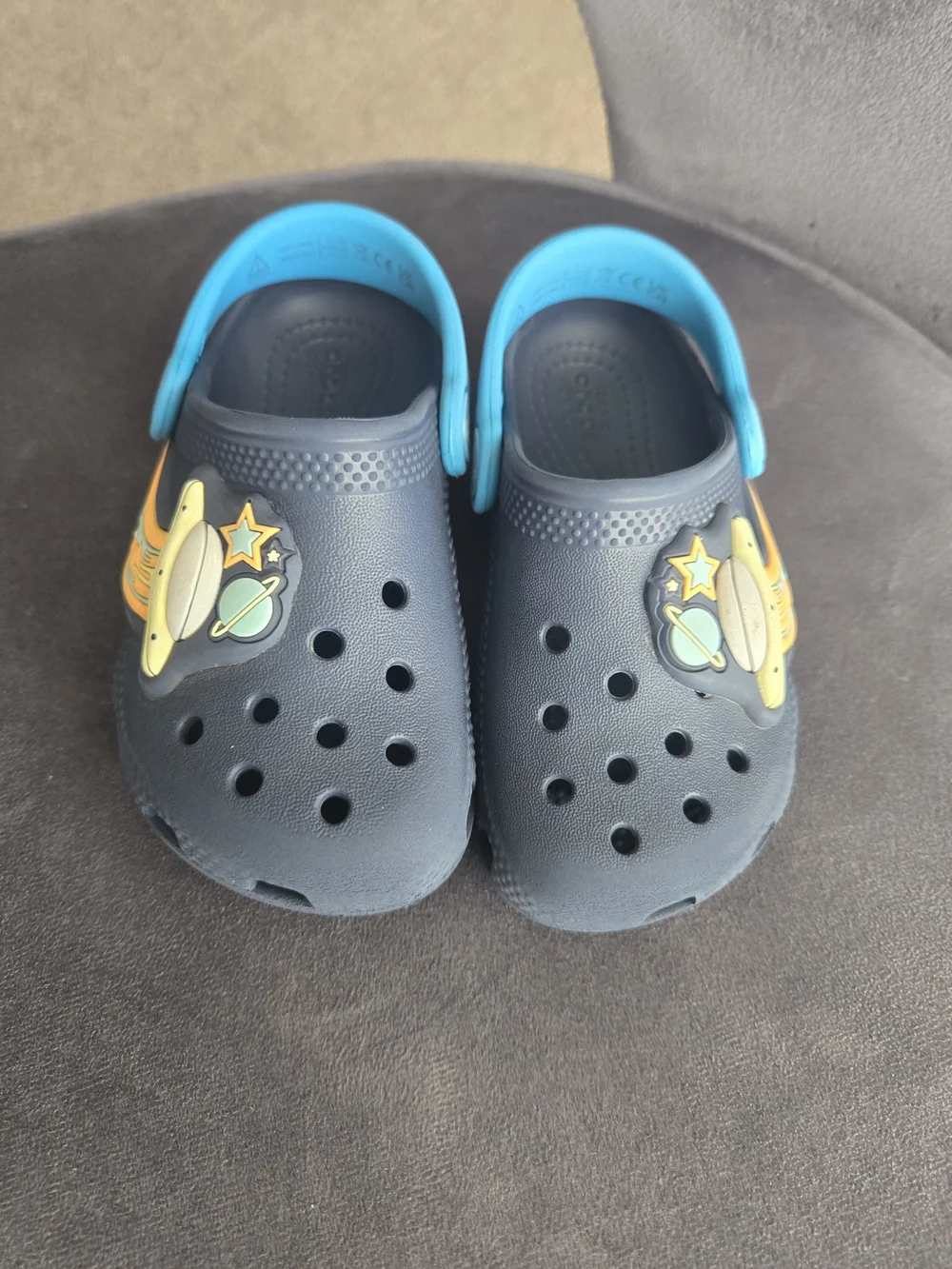 CROCS Kids Navy Blue Clogs with Light Blue Strap and Space Patch